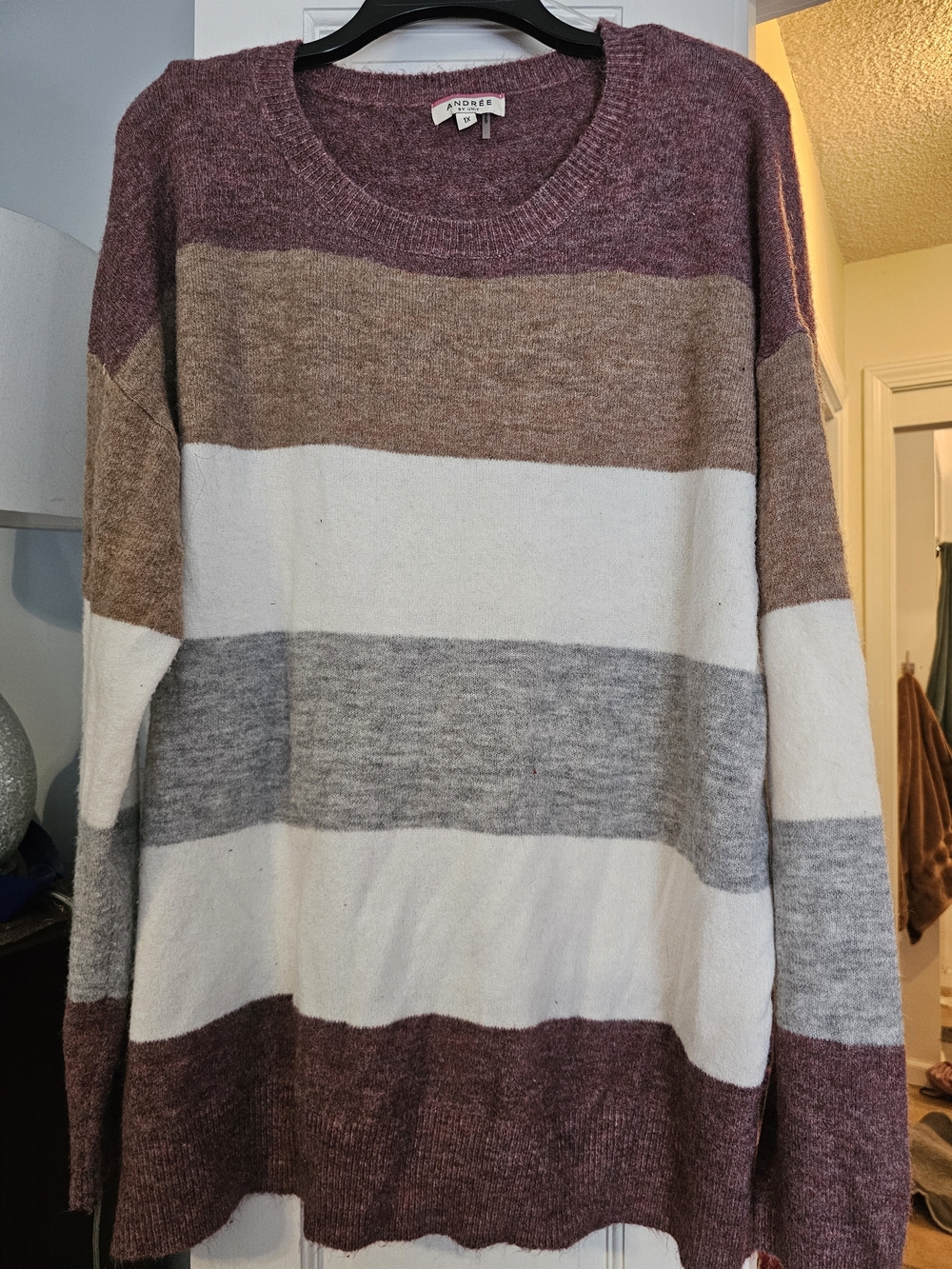 4/$25 Andree Mauve Brown Gray Cream Striped Crewneck Sweater